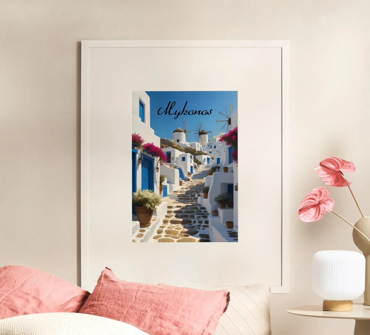 Scena di Mykonos poster con telaio in plastica da Charnwood Prints