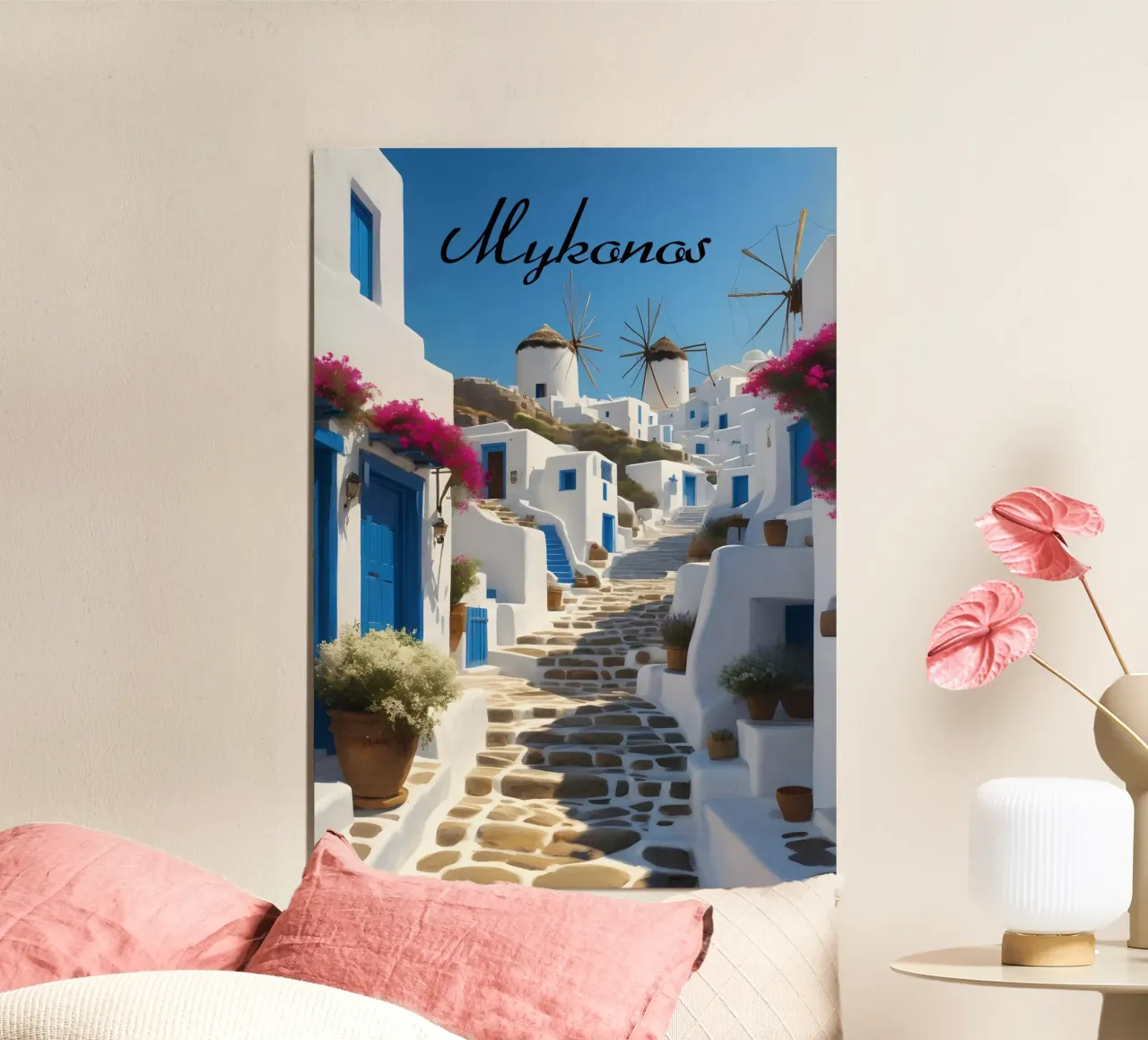 Scena di Mykonos poster con telaio in plastica da Charnwood Prints