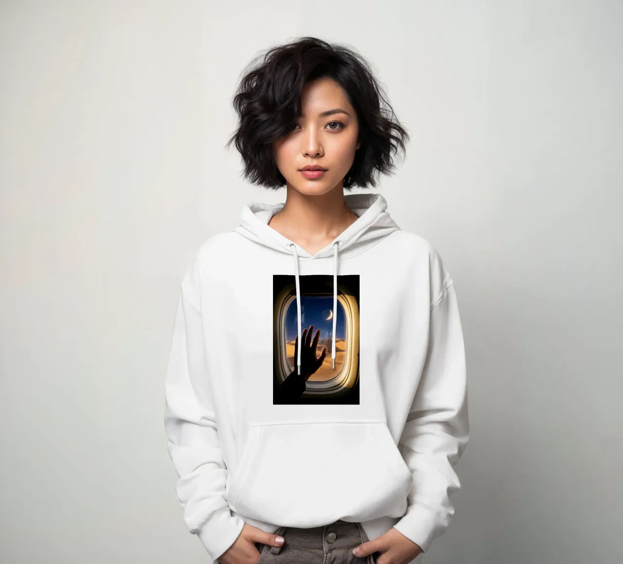 Vue du désert au clair de lune à partir d'une fenêtre d'avion sweat à capuche de Dreamspace Visuals