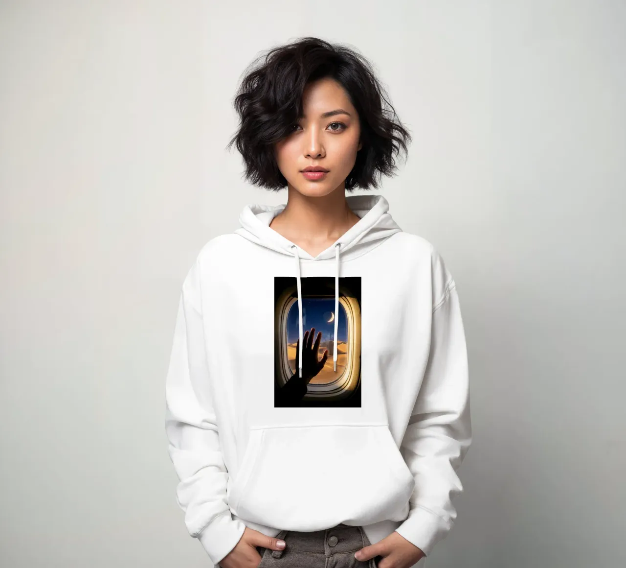 Vue du désert au clair de lune à partir d'une fenêtre d'avion sweat à capuche de Dreamspace Visuals