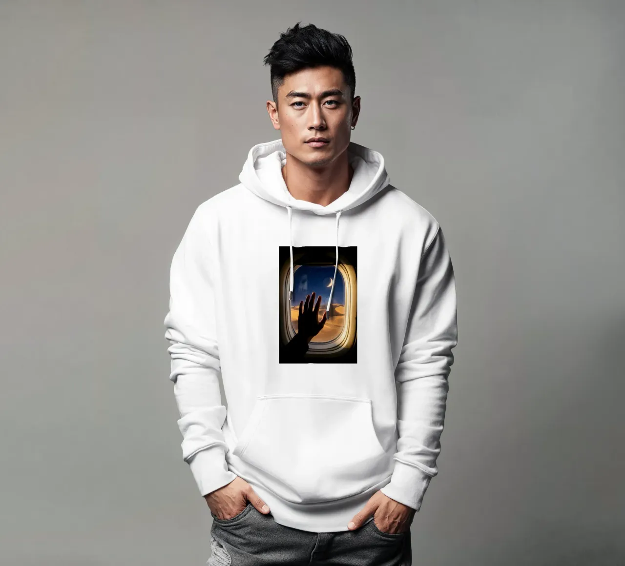 Vue du désert au clair de lune à partir d'une fenêtre d'avion sweat à capuche de Dreamspace Visuals