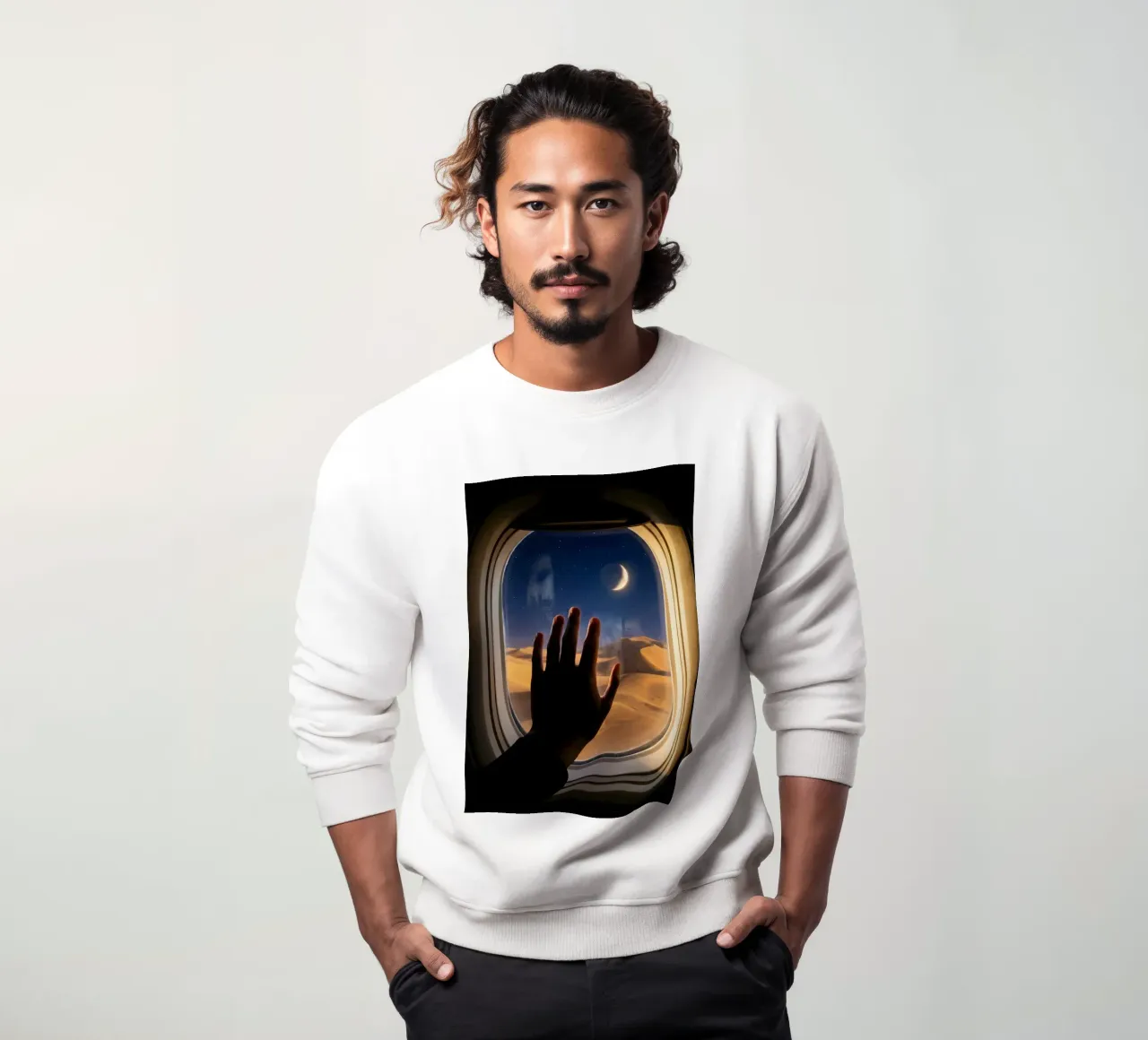 Vue du désert au clair de lune à partir d'une fenêtre d'avion sweat de Dreamspace Visuals