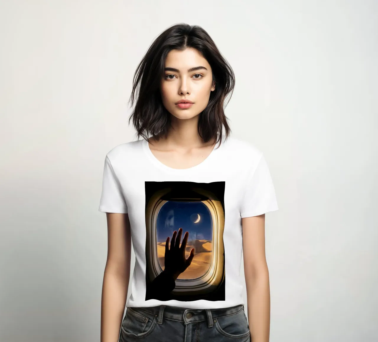 Vue du désert au clair de lune à partir d'une fenêtre d'avion t-shirt ajusté pour femmes de Dreamspace Visuals