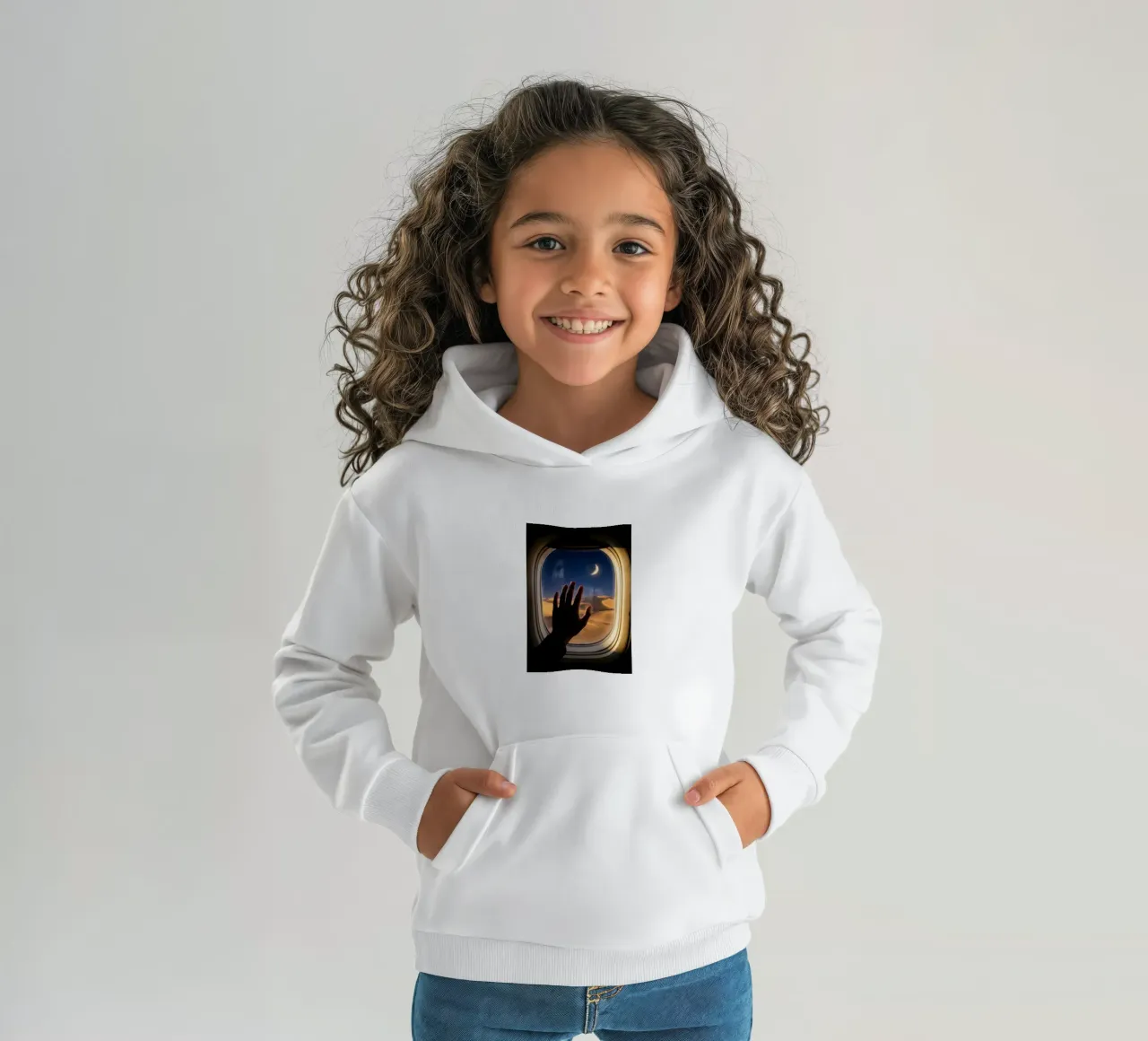 Vue du désert au clair de lune à partir d'une fenêtre d'avion sweat à capuche enfant de Dreamspace Visuals