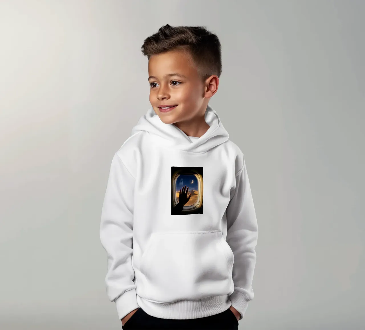 Vue du désert au clair de lune à partir d'une fenêtre d'avion sweat à capuche enfant de Dreamspace Visuals