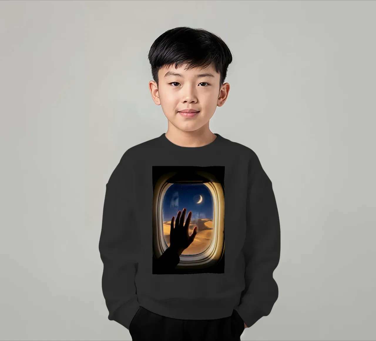 Vue du désert au clair de lune à partir d'une fenêtre d'avion sweat enfant de Dreamspace Visuals