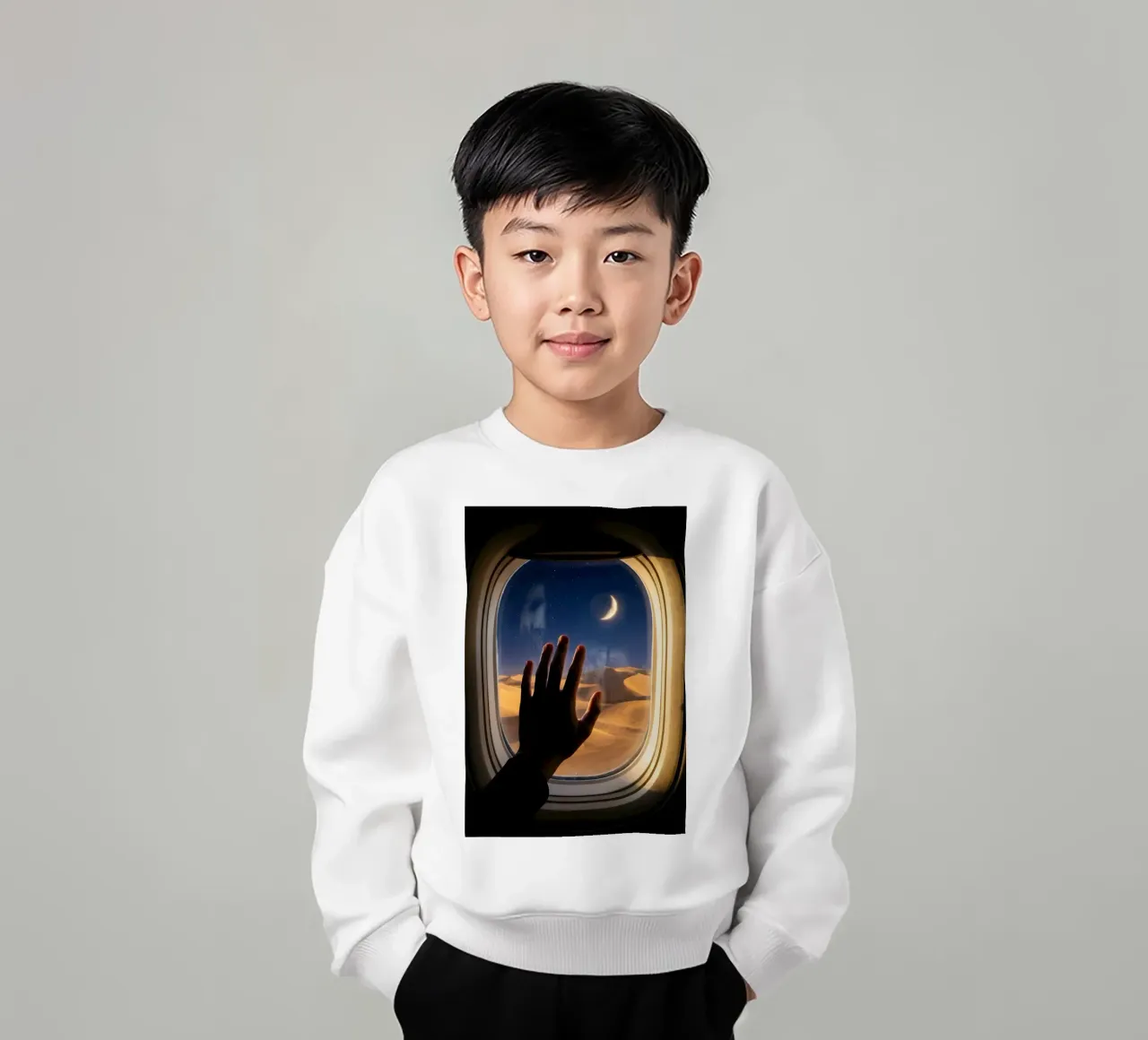 Vue du désert au clair de lune à partir d'une fenêtre d'avion sweat enfant de Dreamspace Visuals