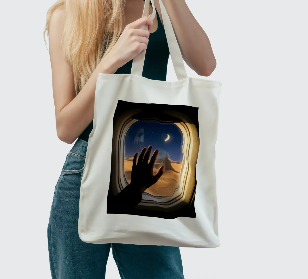 Vue du désert au clair de lune à partir d'une fenêtre d'avion tote bag de Dreamspace Visuals