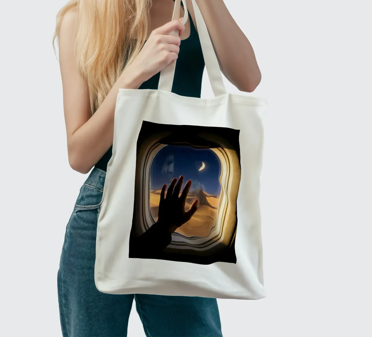Vue du désert au clair de lune à partir d'une fenêtre d'avion tote bag de Dreamspace Visuals