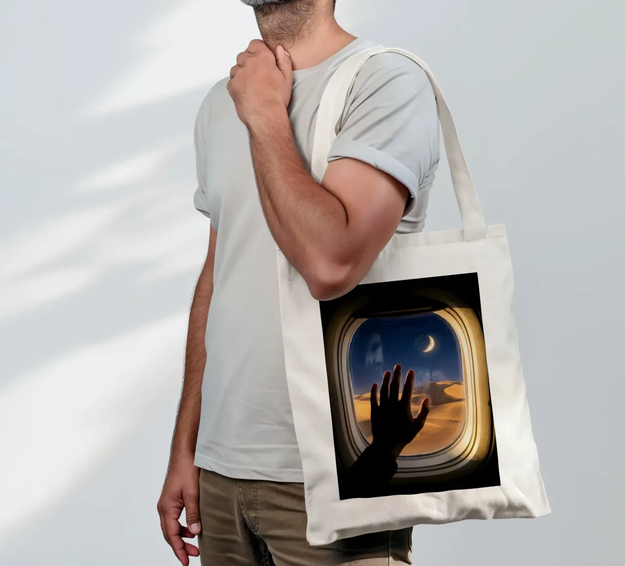Vue du désert au clair de lune à partir d'une fenêtre d'avion tote bag de Dreamspace Visuals