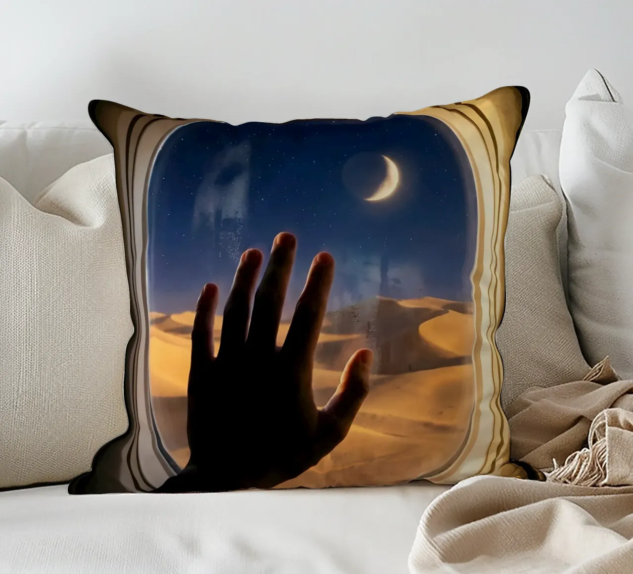 Vue du désert au clair de lune à partir d'une fenêtre d'avion coussin de Dreamspace Visuals