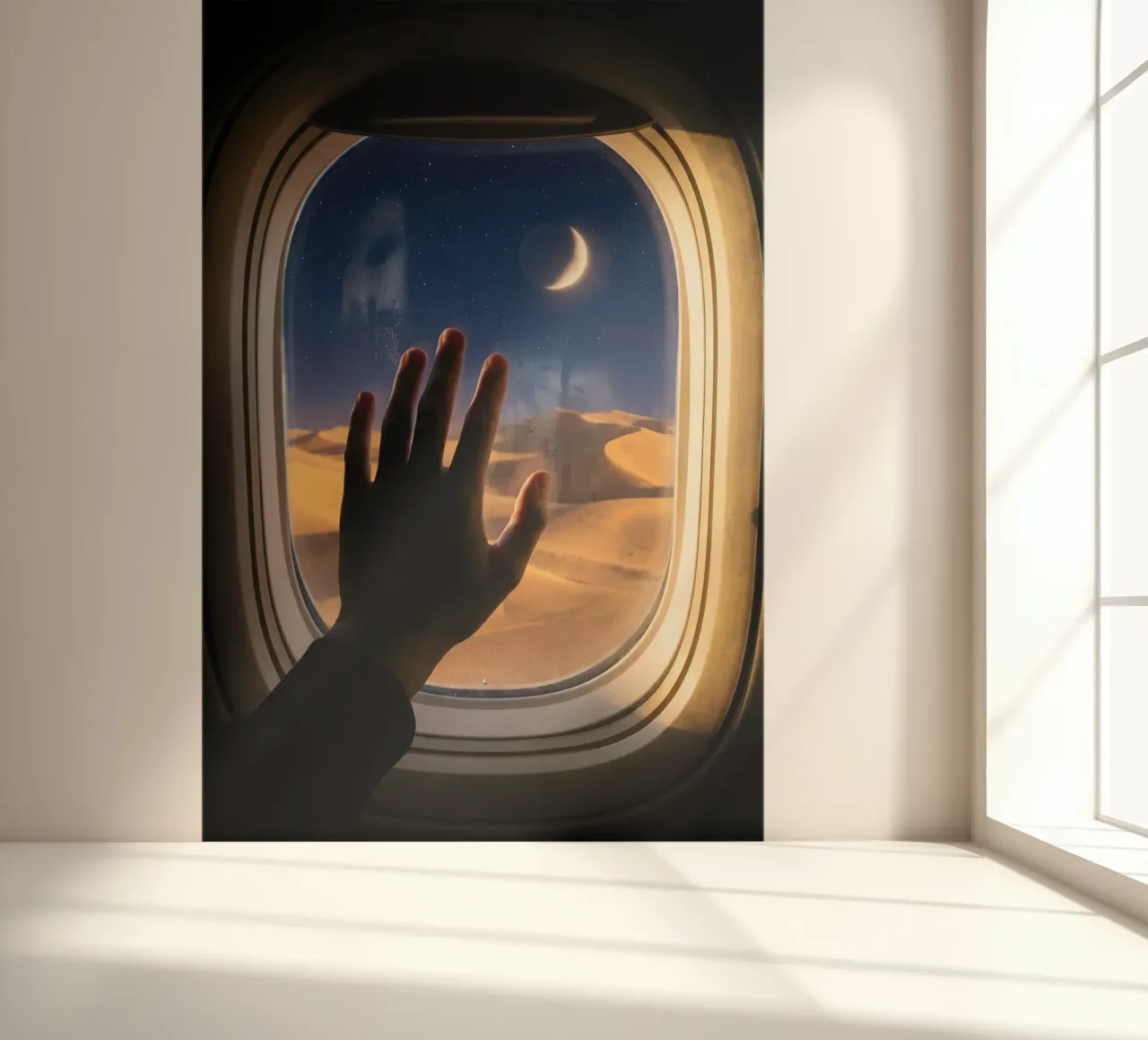 Vue du désert au clair de lune à partir d'une fenêtre d'avion papier peint photo de Dreamspace Visuals