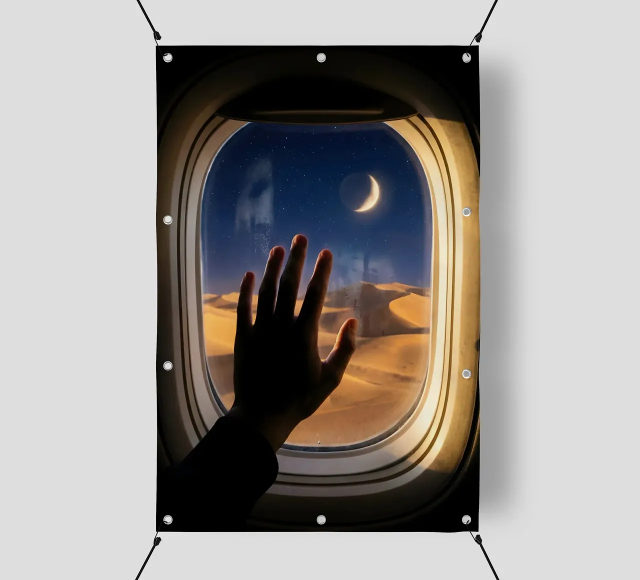 Vue du désert au clair de lune à partir d'une fenêtre d'avion bâche pvc de Dreamspace Visuals