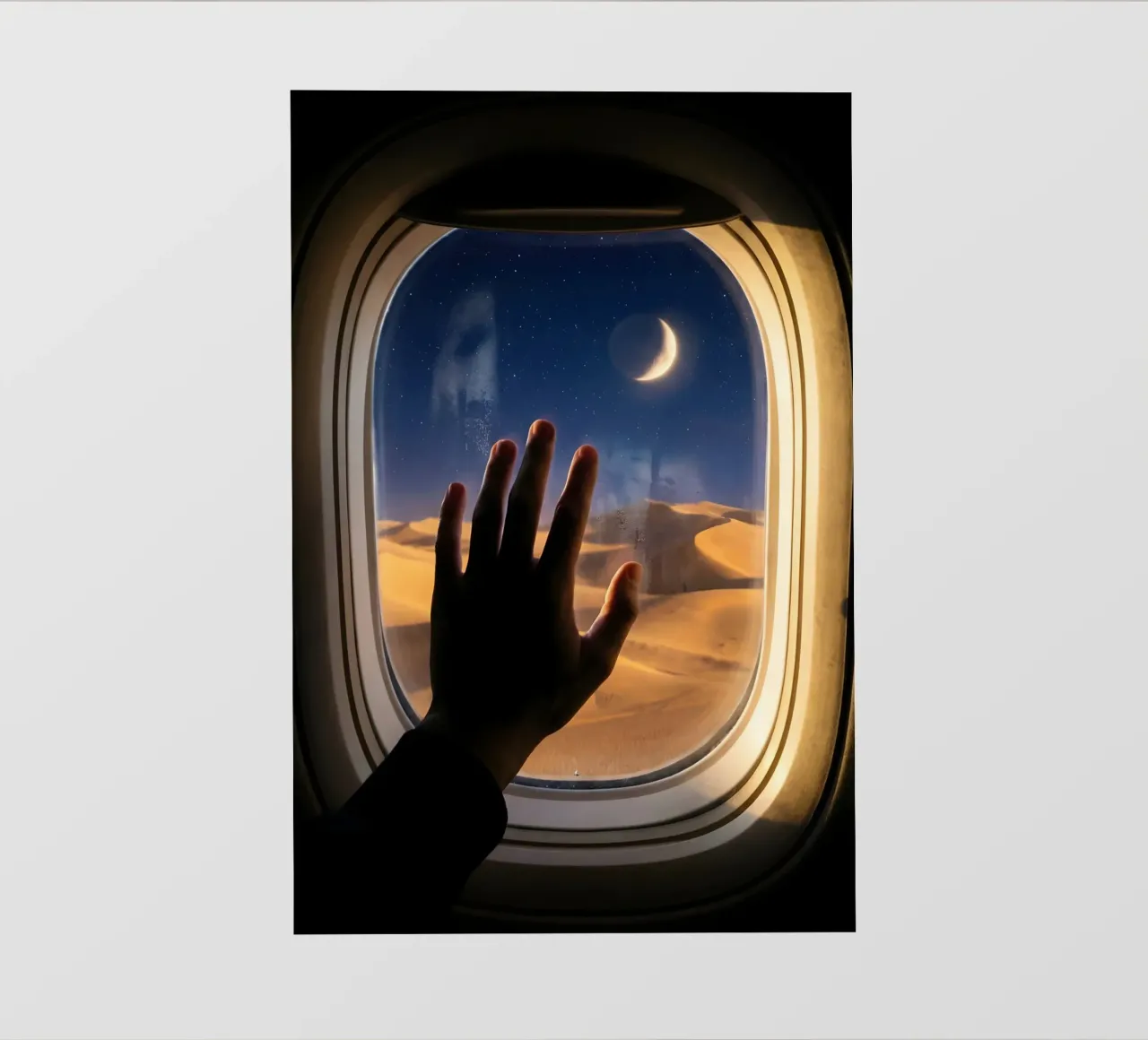 Vue du désert au clair de lune à partir d'une fenêtre d'avion bâche pvc de Dreamspace Visuals