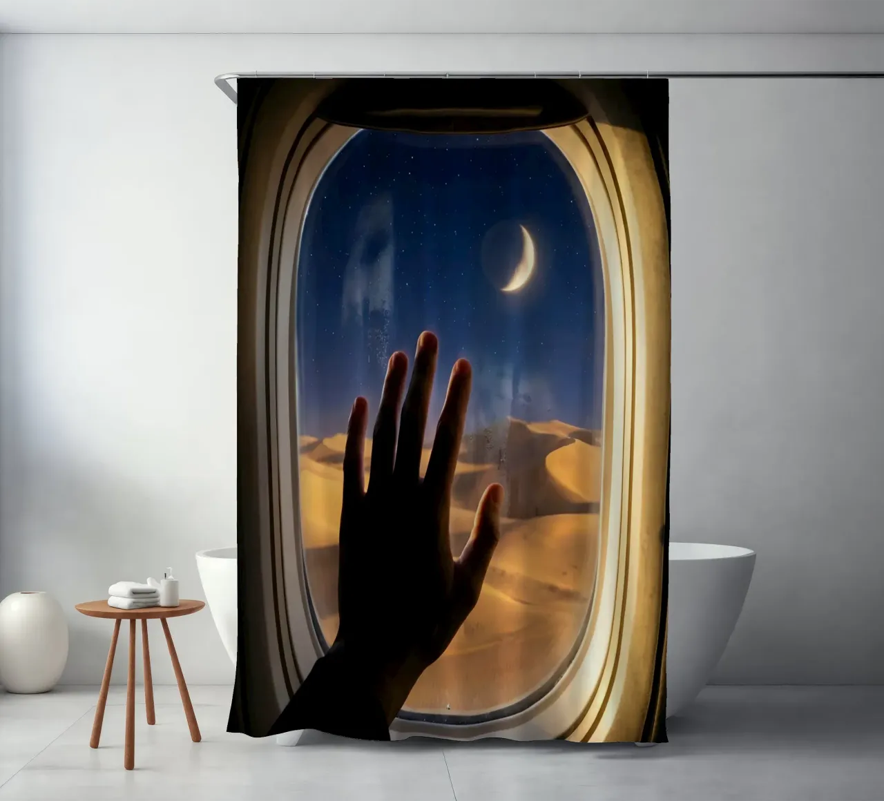 Vue du désert au clair de lune à partir d'une fenêtre d'avion rideau de douche de Dreamspace Visuals