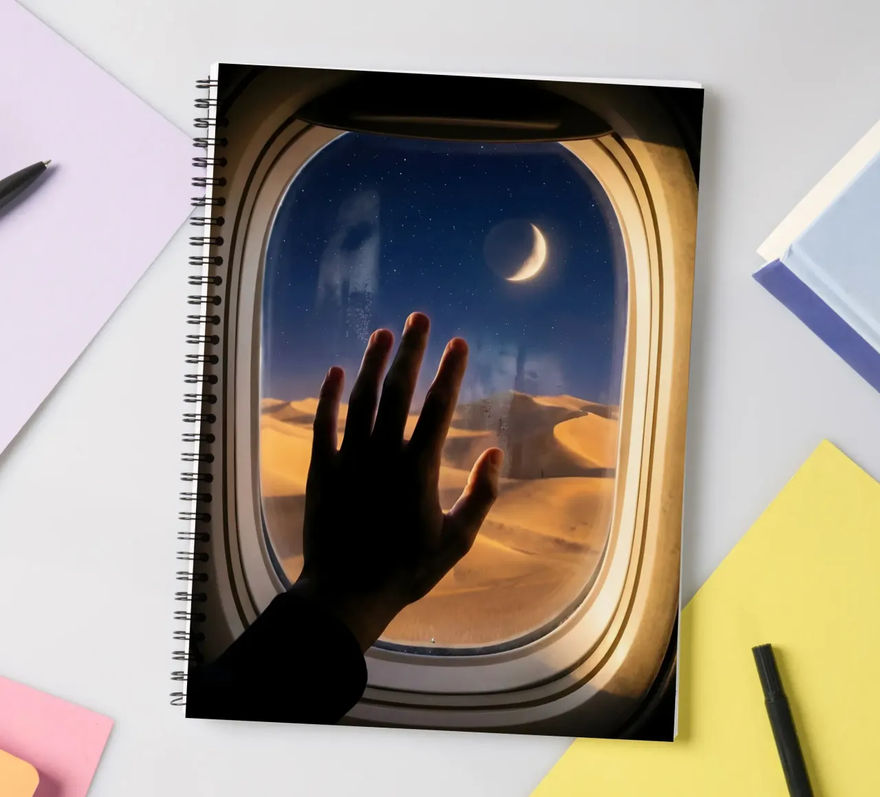 Vue du désert au clair de lune à partir d'une fenêtre d'avion carnet à spirale de Dreamspace Visuals