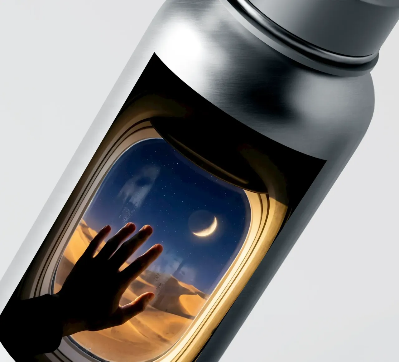 Vue du désert au clair de lune à partir d'une fenêtre d'avion autocollant de Dreamspace Visuals