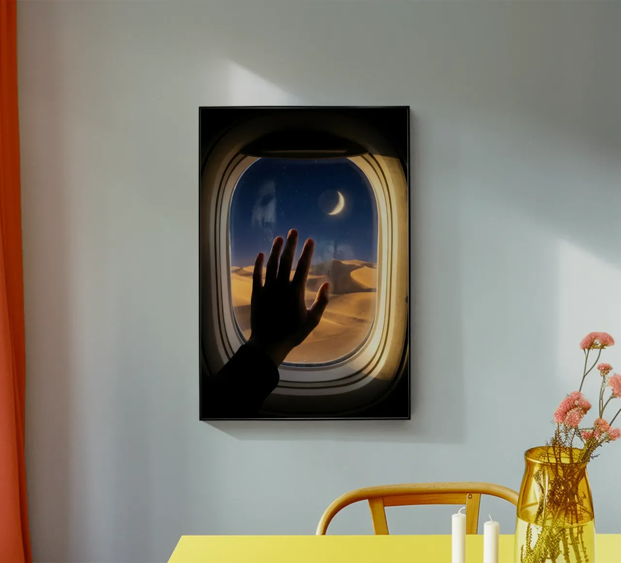 Vue du désert au clair de lune à partir d'une fenêtre d'avion plexiglas de Dreamspace Visuals