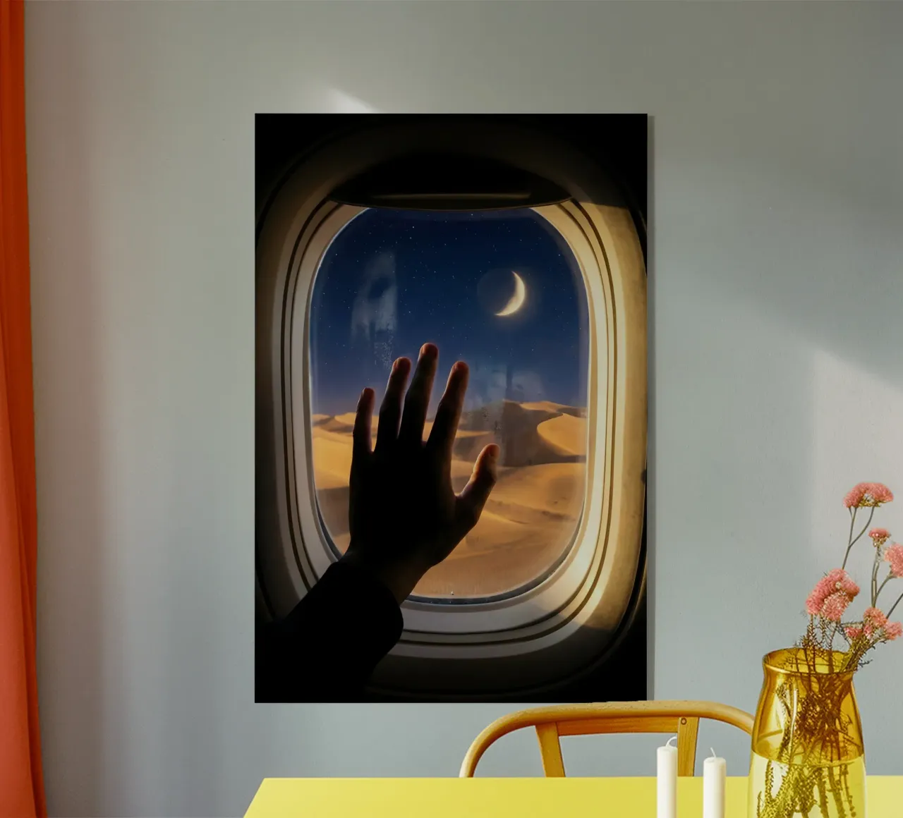 Vue du désert au clair de lune à partir d'une fenêtre d'avion plexiglas de Dreamspace Visuals