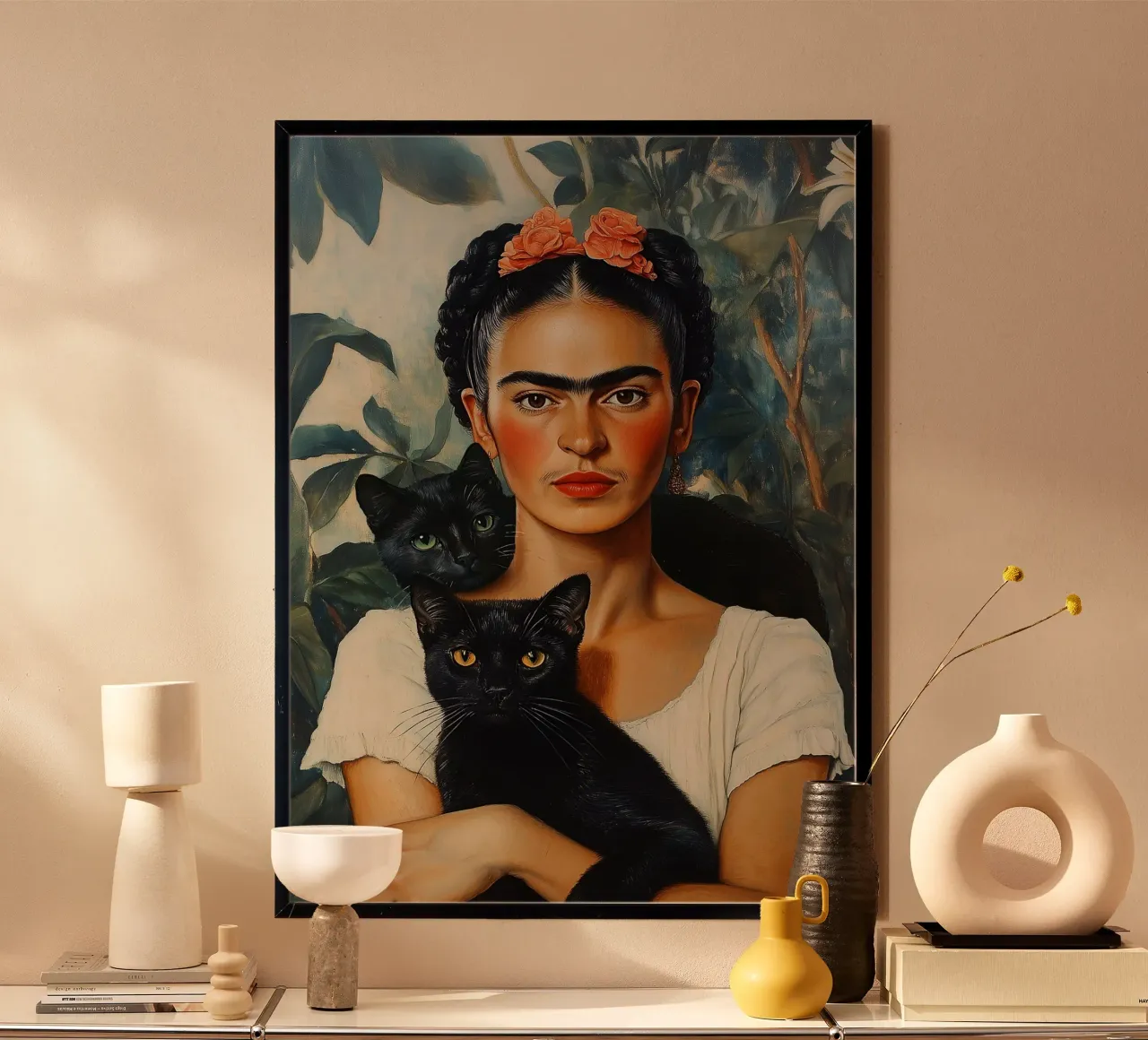 Frida and cats poster con telaio in plastica da Dikhotomy