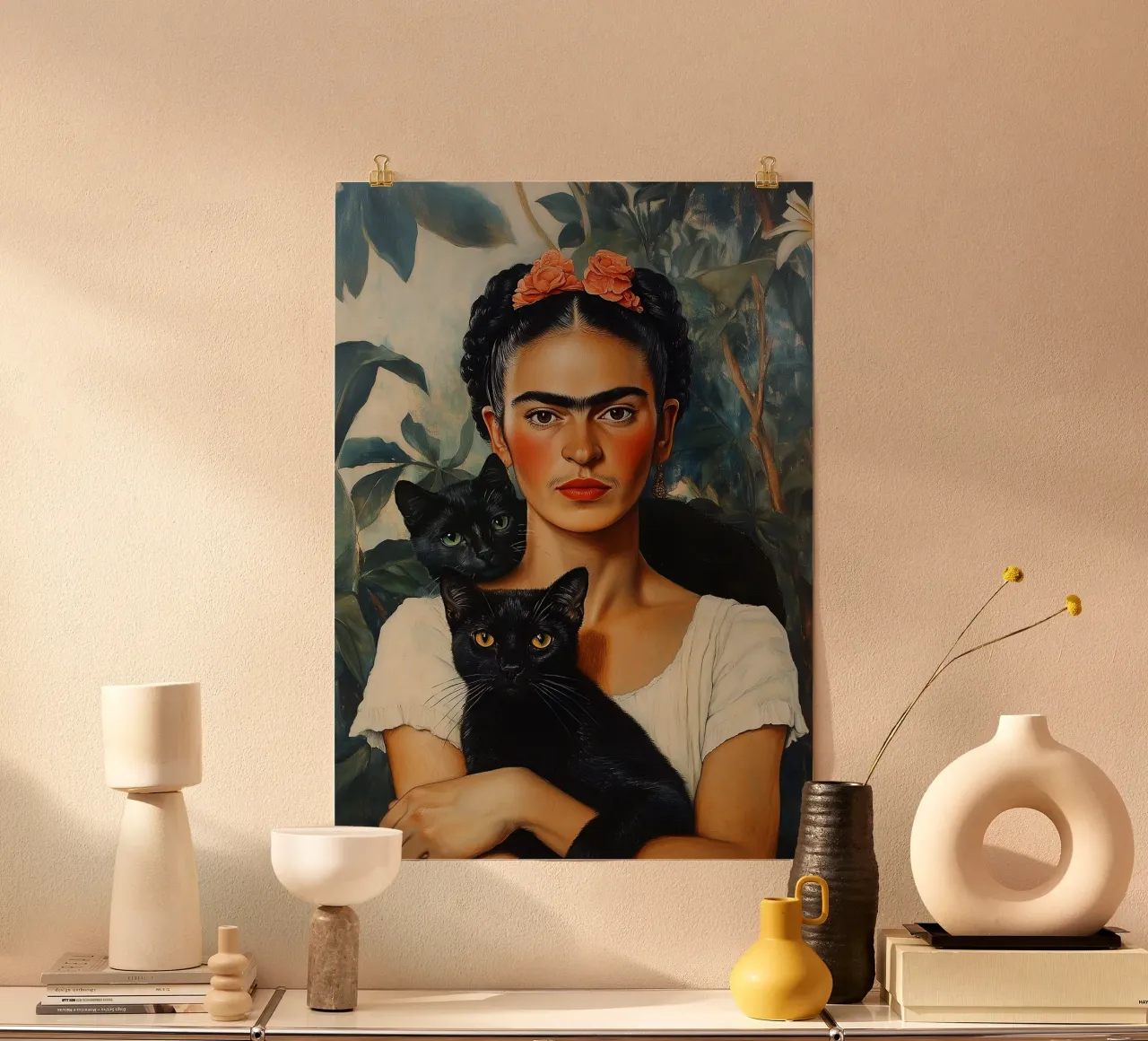 Frida and cats poster con telaio in plastica da Dikhotomy