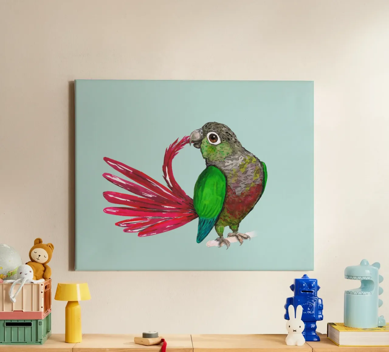 Preening green cheeked conure canvas with Floater frame by BwiseLizzy