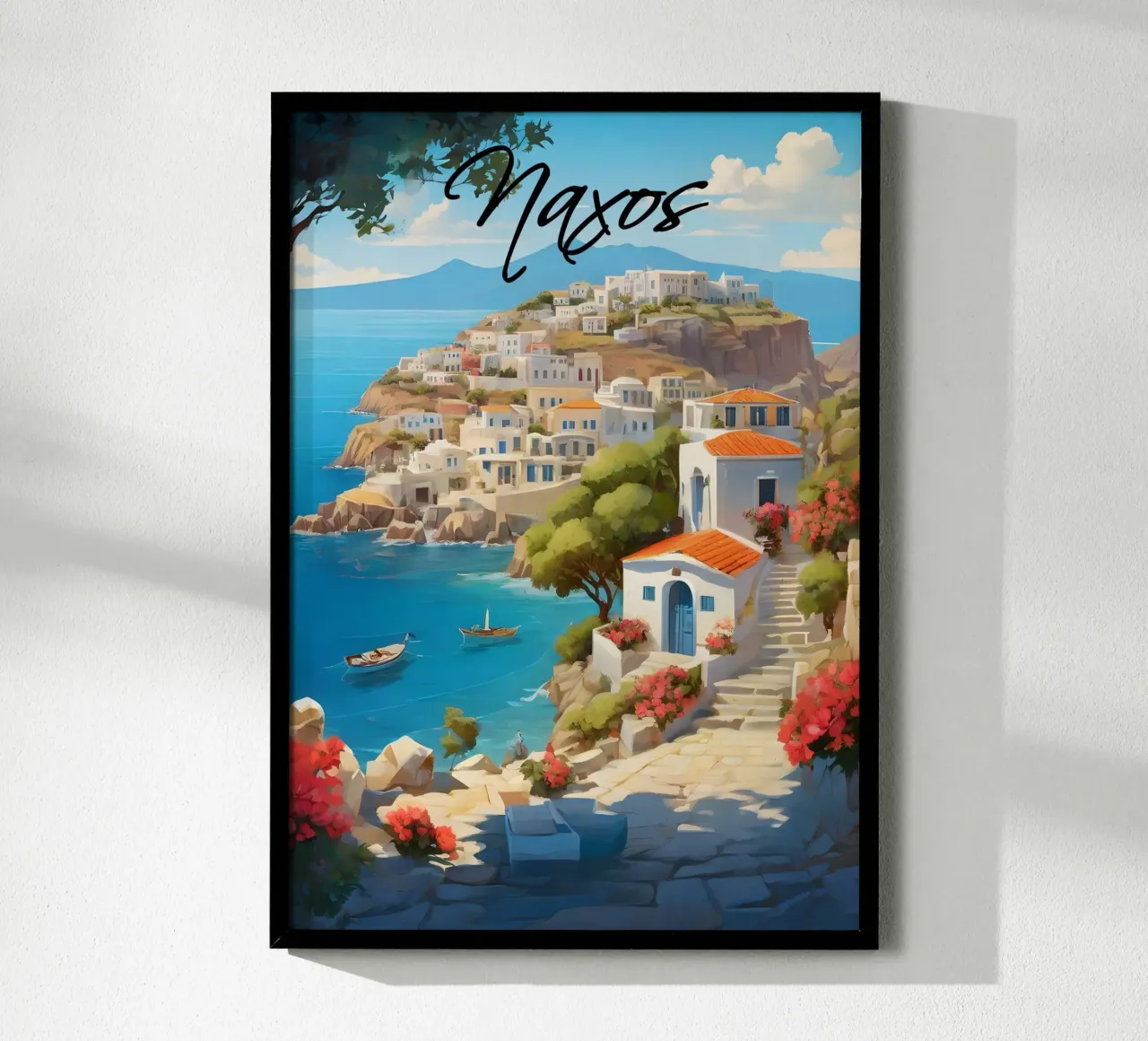Scena dell'isola greca di Naxos poster con telaio in legno da Charnwood Prints