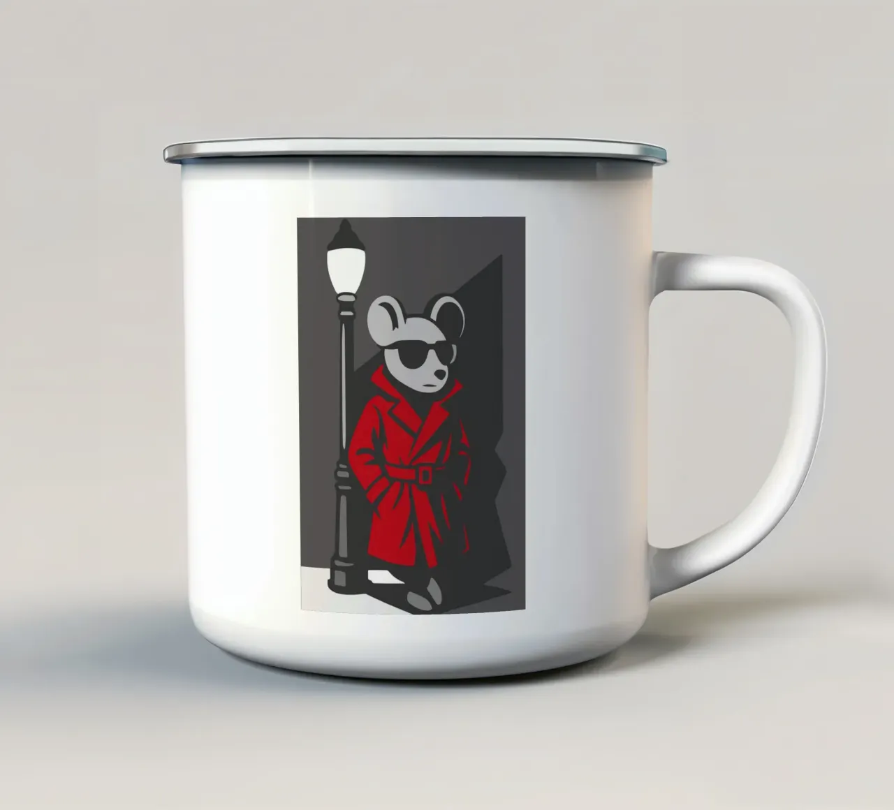 Topo in trench stile noir tazza in smalto da nanosh