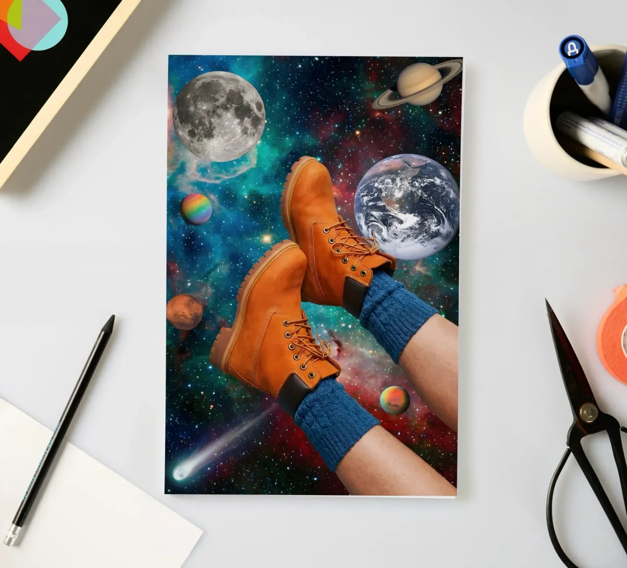 Cosmic Walk: Surreal Boots Floating Through Space notebook by Dreamspace Visuals