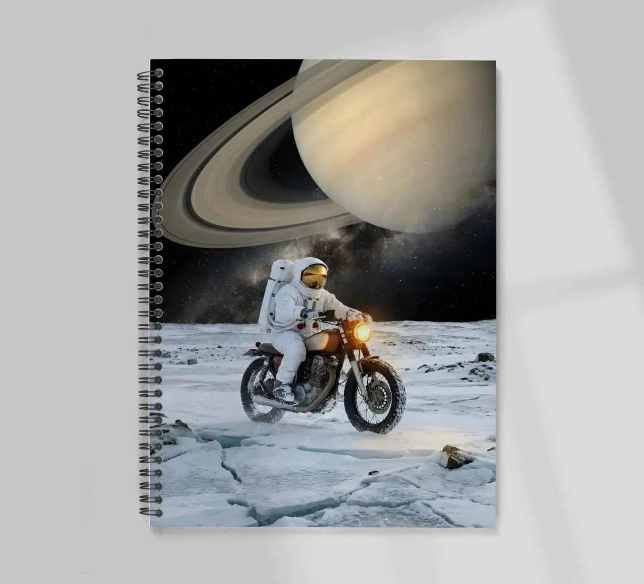 Astronauta che guida la moto sul ghiaccio - Arte spaziale surreale diario ad anelli da Dreamspace Visuals