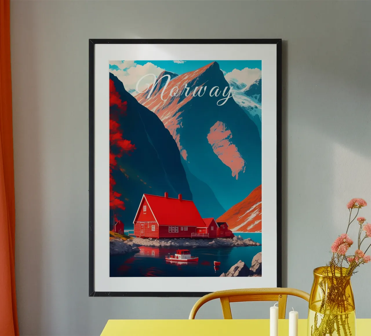 Scena dei fiordi norvegesi poster con telaio in plastica da Charnwood Prints