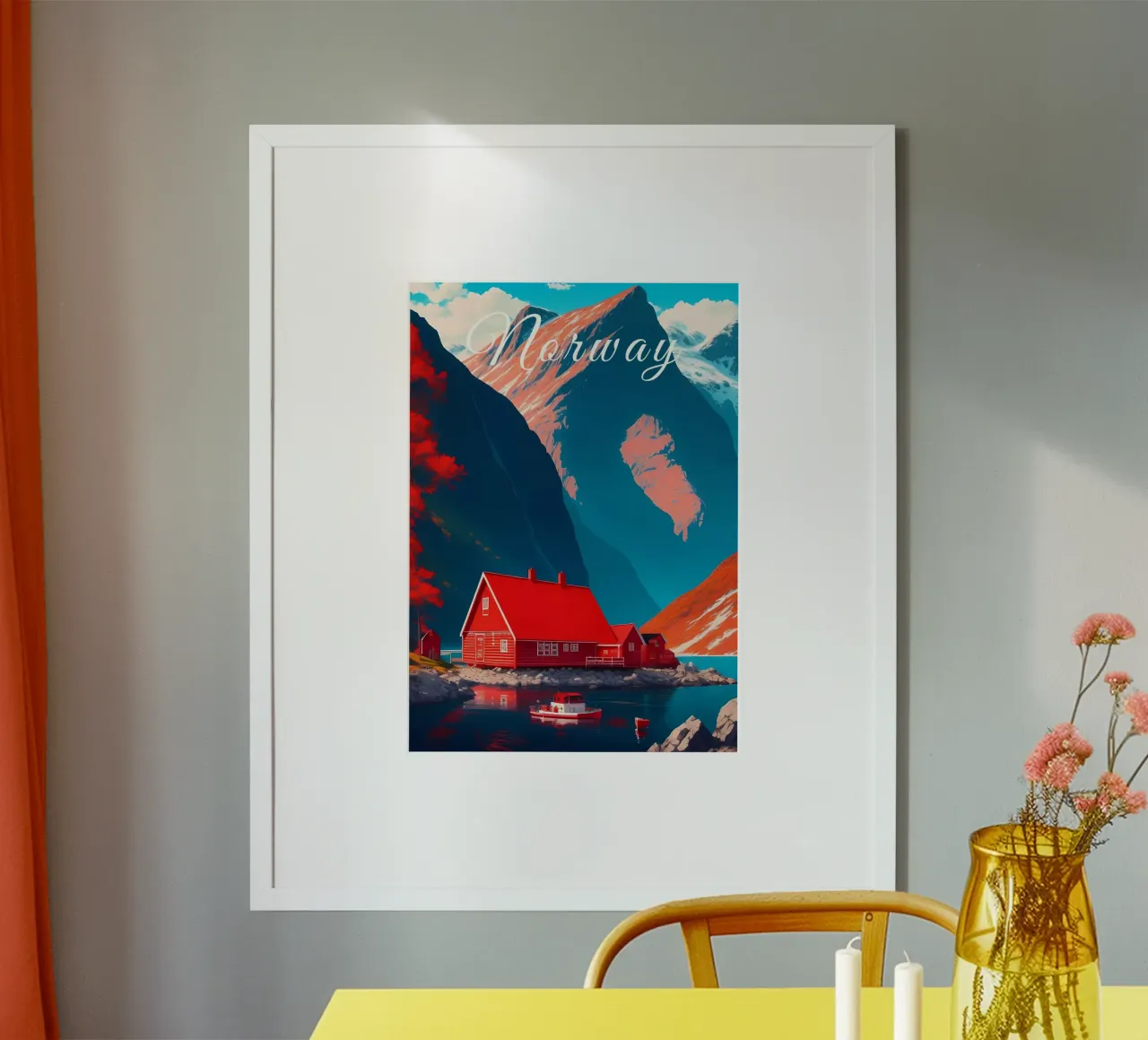 Scena dei fiordi norvegesi poster con telaio in plastica da Charnwood Prints