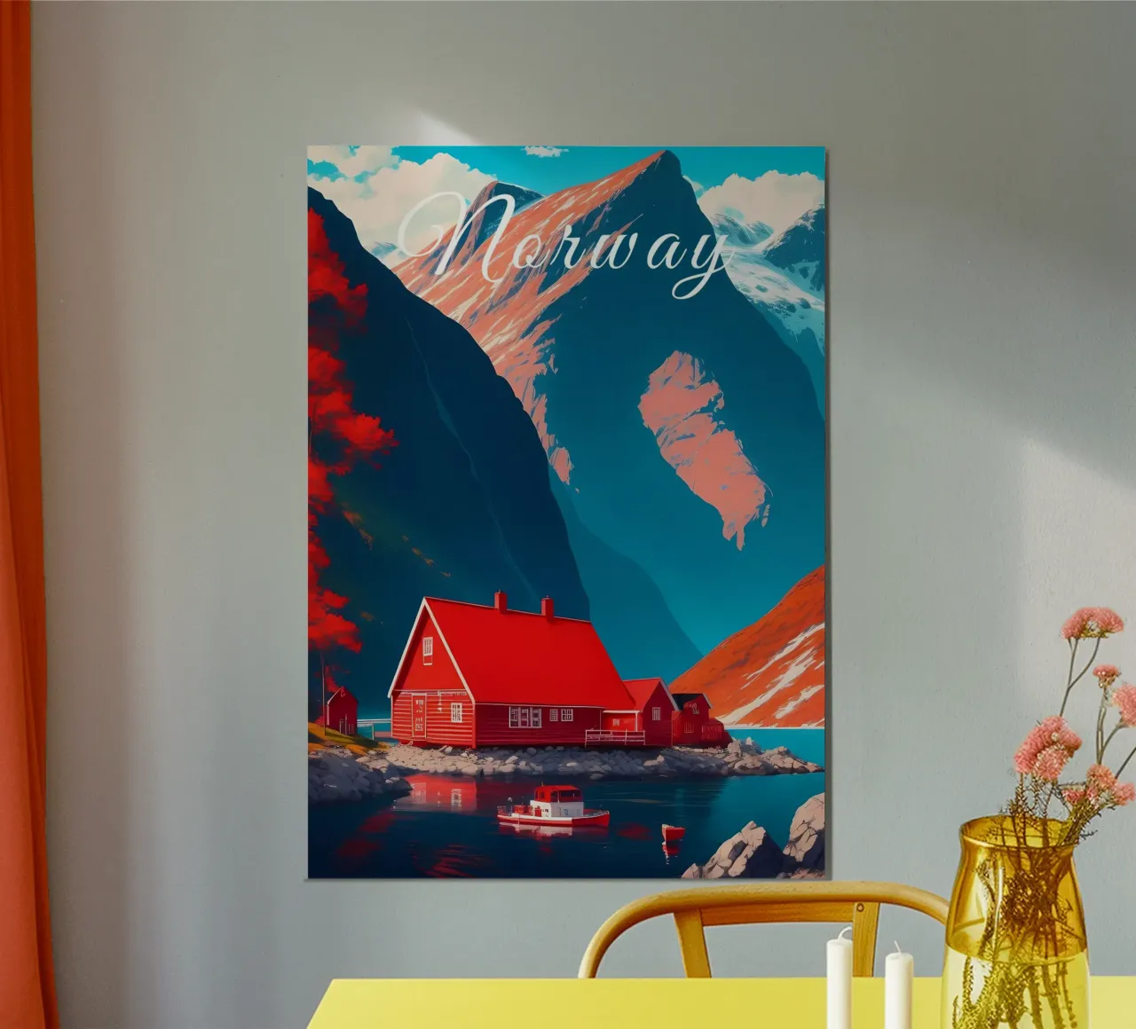 Scena dei fiordi norvegesi poster con telaio in plastica da Charnwood Prints