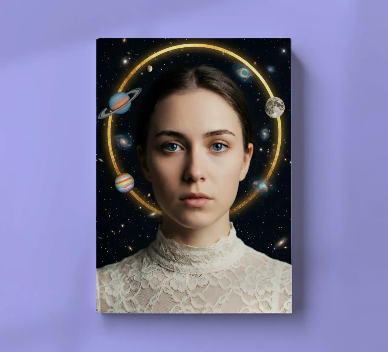 Celestial Portrait with Orbiting Planets and Golden Halo notebook by Dreamspace Visuals
