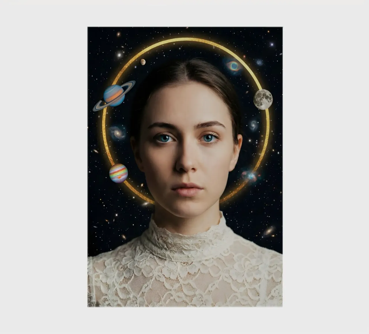 Celestial Portrait with Orbiting Planets and Golden Halo notebook by Dreamspace Visuals