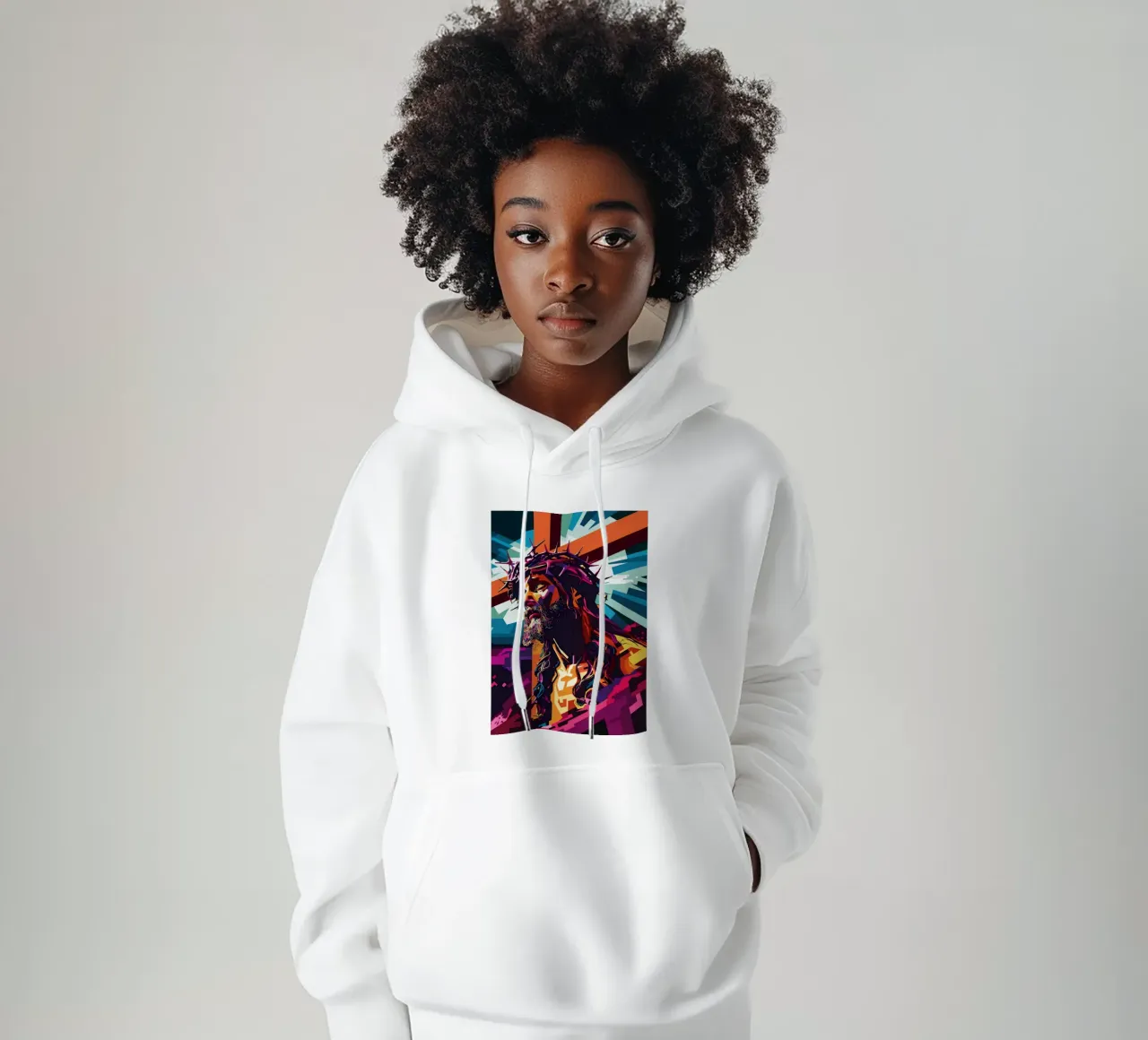 The Savior Died on the Cross Pop Art felpa con cappuccio da YUDHISGRAFIS