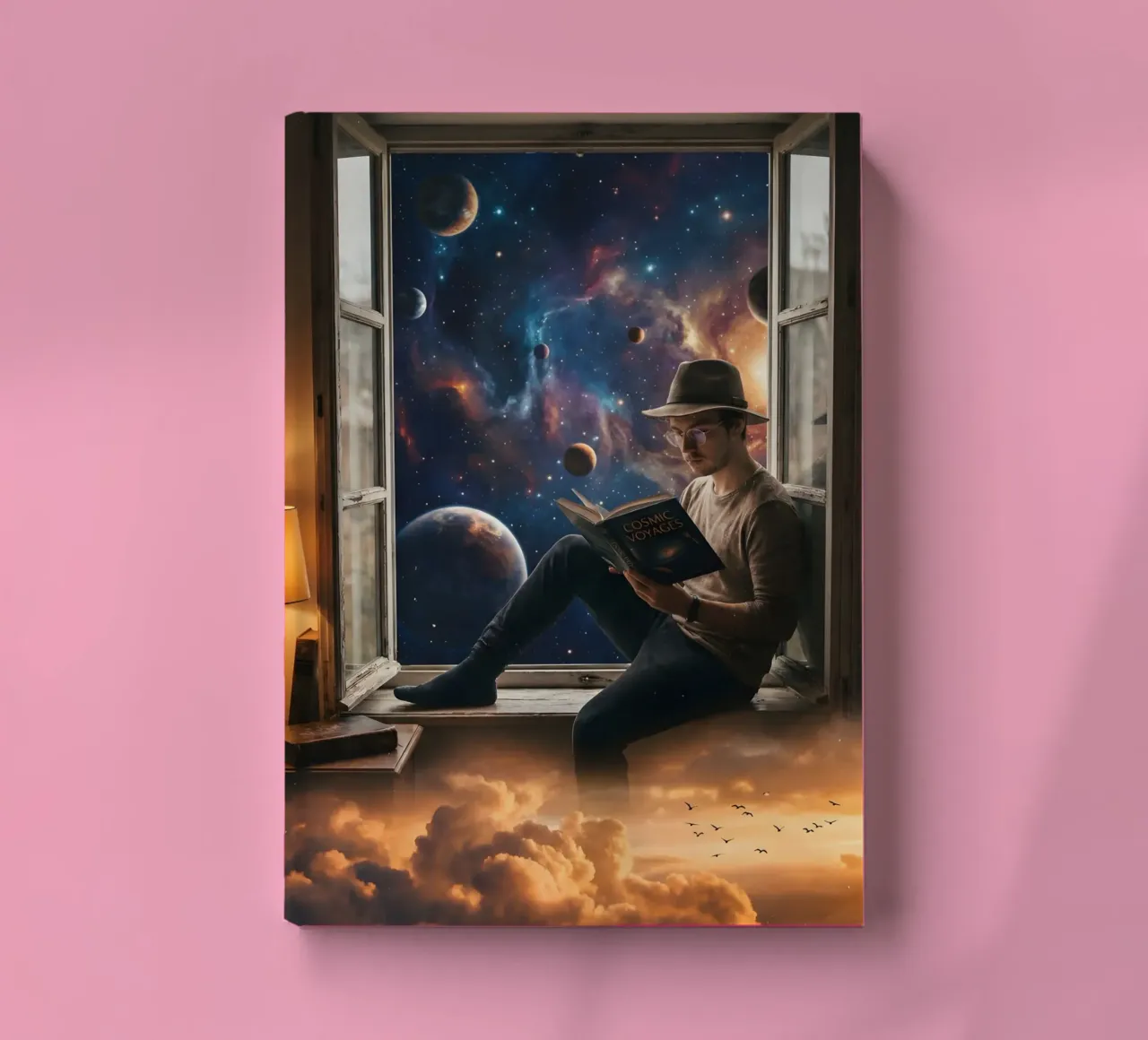 Surreal Window Reading Scene with Cosmic Galaxy Fantasy Art notebook by Dreamspace Visuals