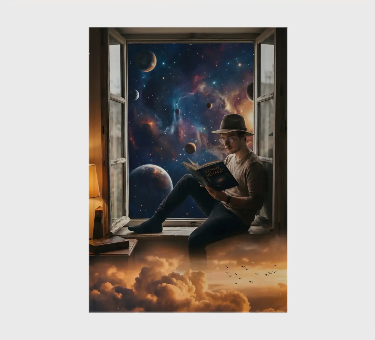 Surreal Window Reading Scene with Cosmic Galaxy Fantasy Art notebook by Dreamspace Visuals