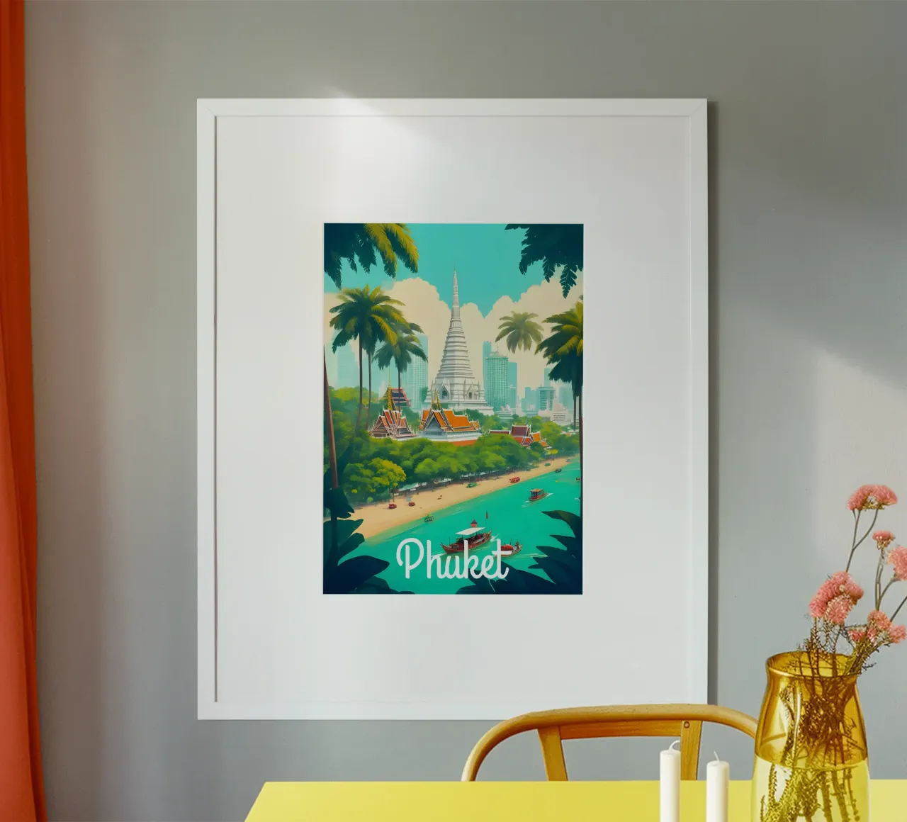 Scena della spiaggia di Phuket Thailandia poster con telaio in alluminio da Charnwood Prints