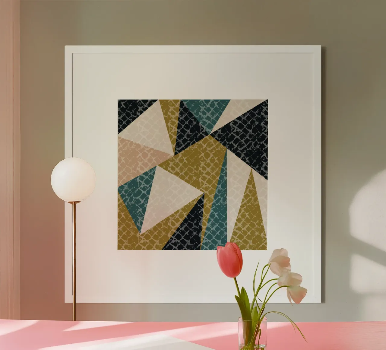 Faux-Textured Mid Mod Geo Olive poster con telaio in plastica da susanacosta