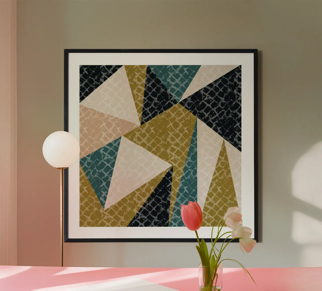 Faux-Textured Mid Mod Geo Olive poster con telaio in plastica da susanacosta