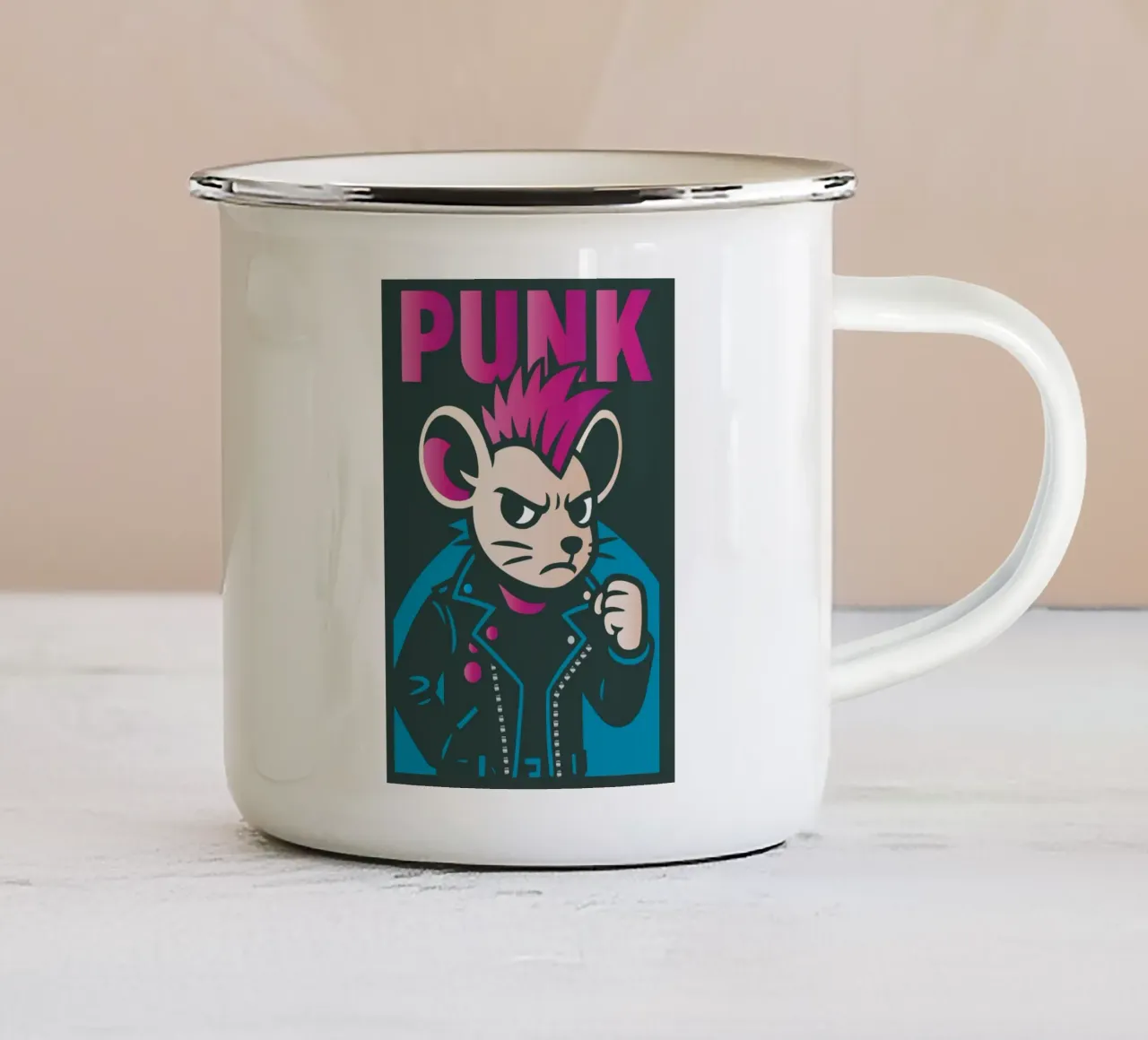 Topo punk con mohawk e giacca di pelle tazza in smalto da nanosh