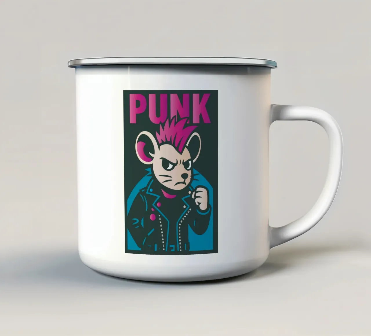 Topo punk con mohawk e giacca di pelle tazza in smalto da nanosh