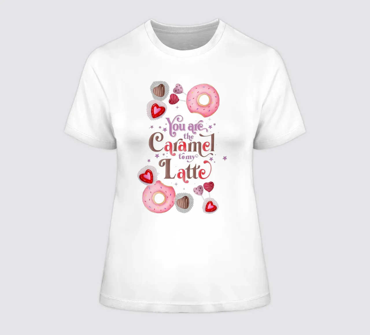 Coffee. In love. Caramel, donuts and café latte women's fitted t-shirt by CalliLetters