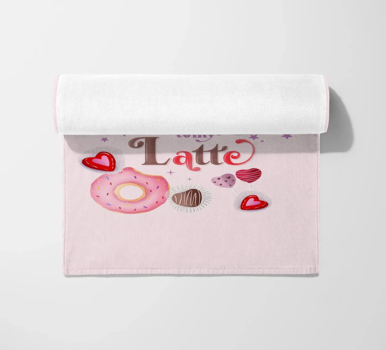 Coffee. In love. Caramel, donuts and café latte beach towel by CalliLetters