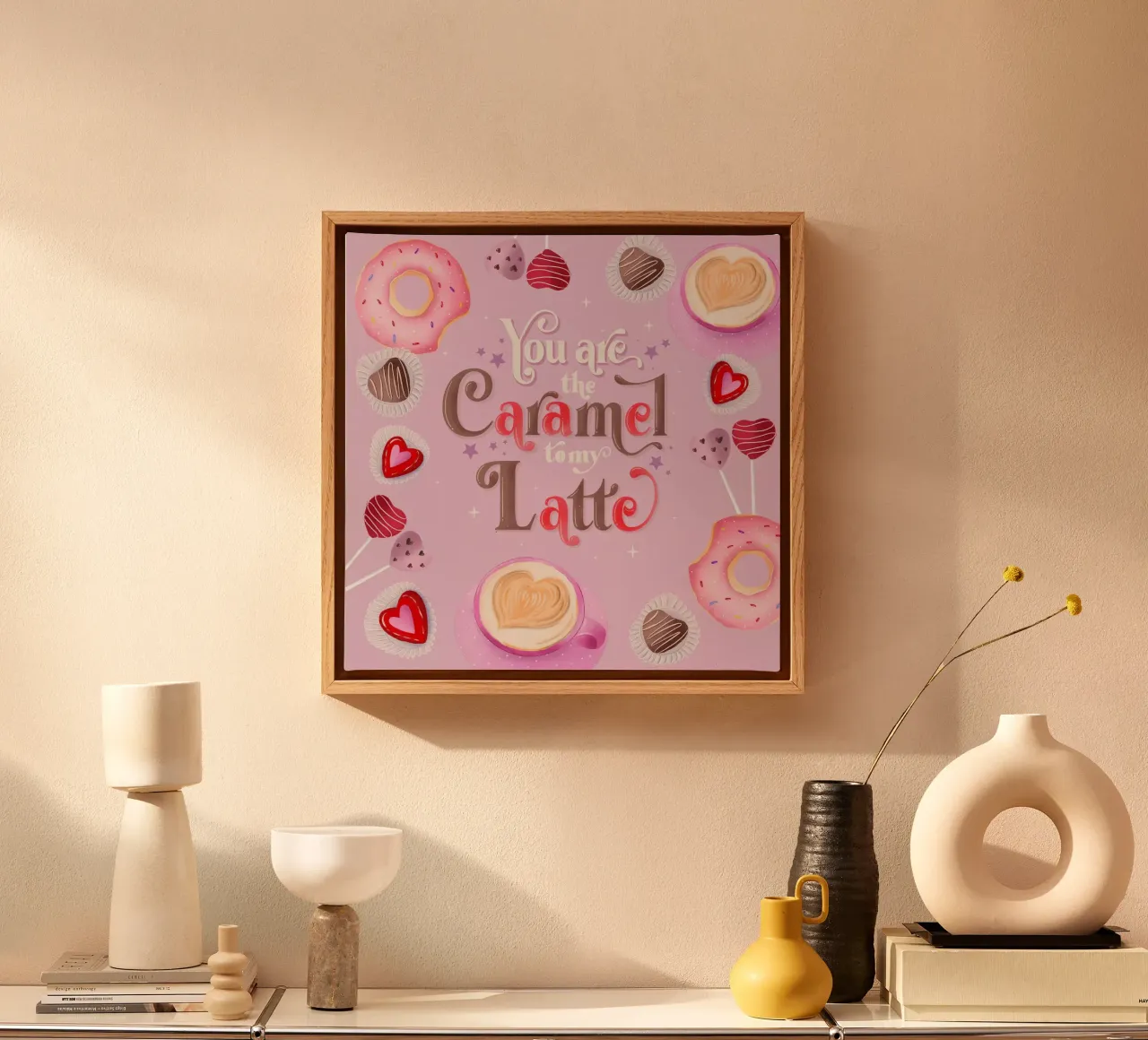 Kaffee. Verliebt. Karamell, Donuts und Café Latte Leinwand von CalliLetters