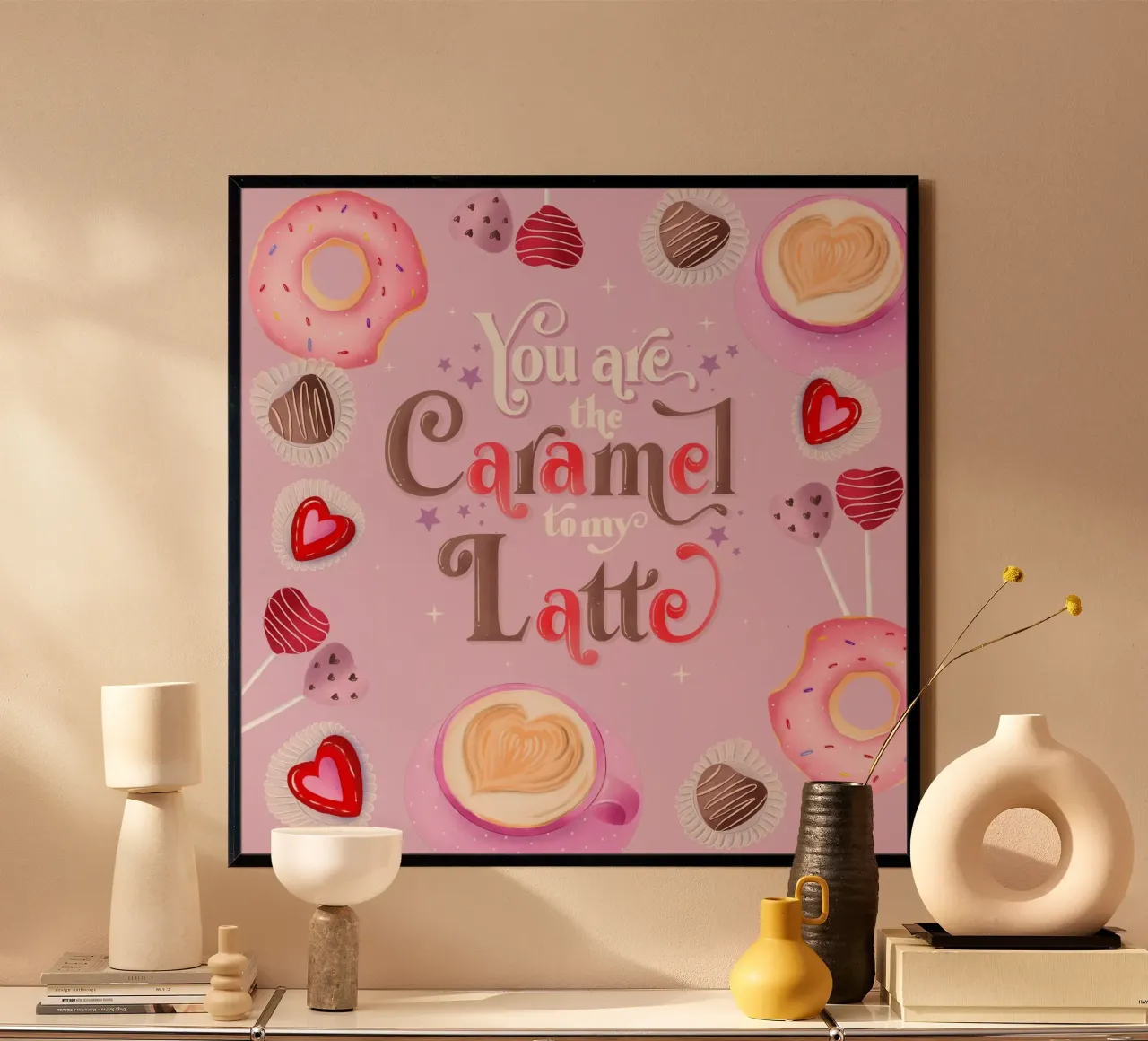 Kaffee. Verliebt. Karamell, Donuts und Café Latte Hahnemühle von CalliLetters