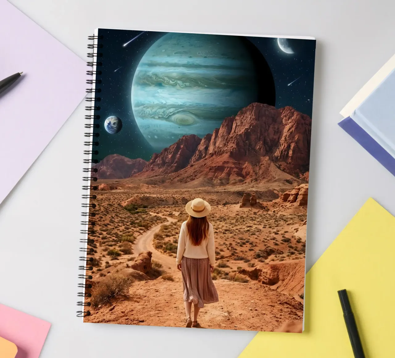 Deserto sotto pianeti giganti - Paesaggio cosmico surreale diario ad anelli da Cosmic Daydream Studio