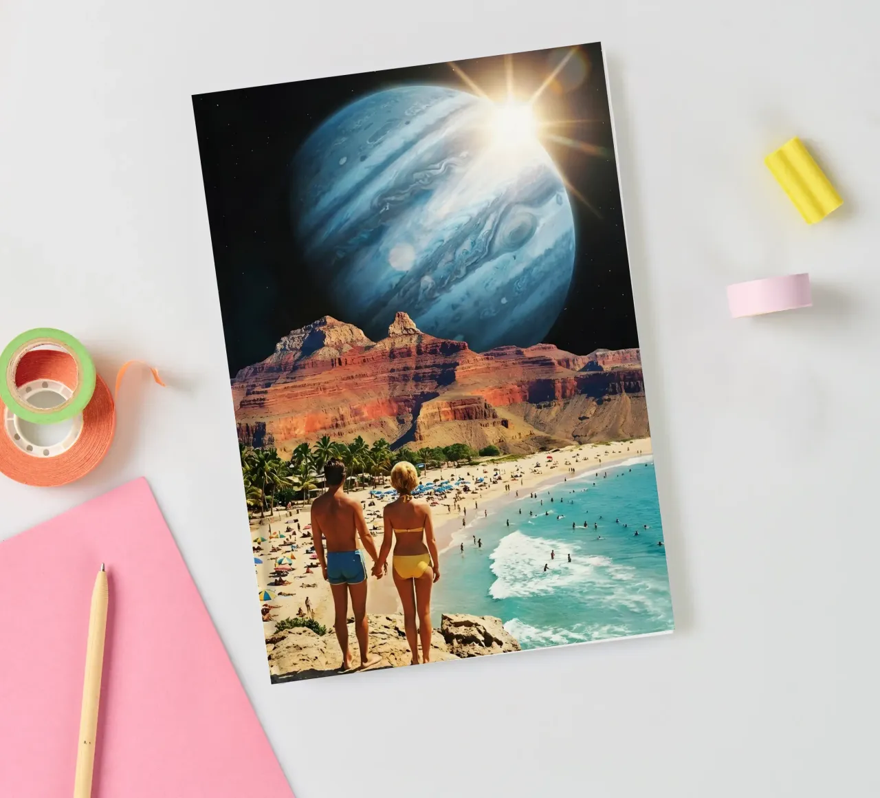 Surreal Cosmic Beach With Giant Planet and Retro Vibes notebook by Cosmic Daydream Studio