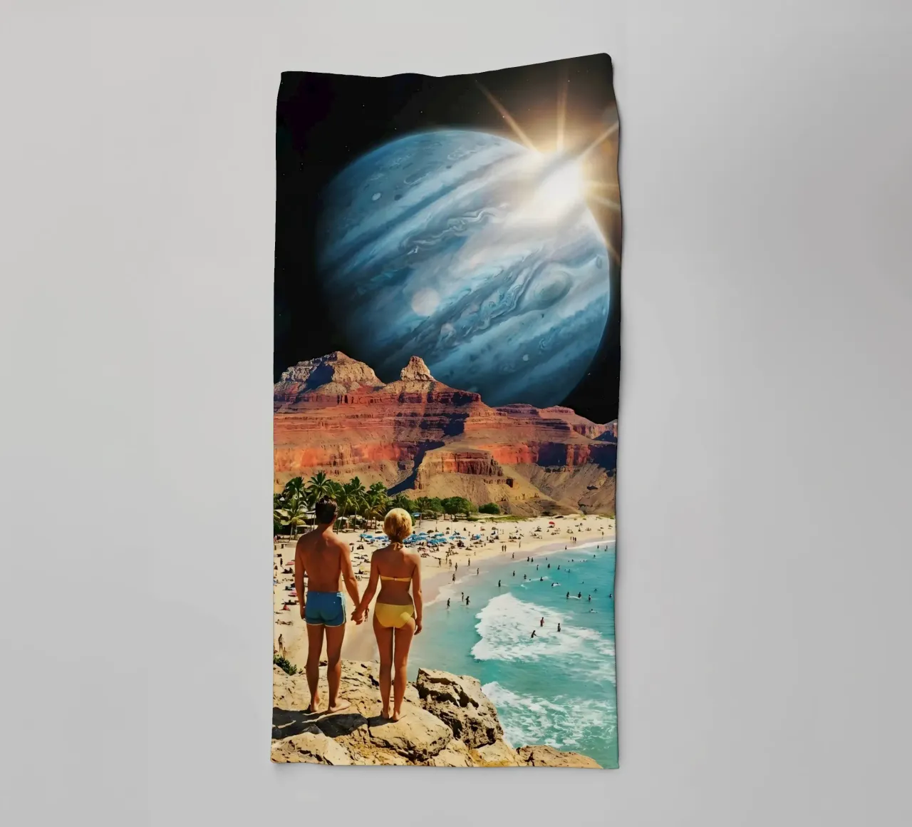 Surreal Cosmic Beach With Giant Planet and Retro Vibes towel by Cosmic Daydream Studio